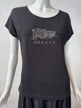 Black Womens T-Shirt With Rhinestone Greece Parthenon Design Medium 100% Cotton